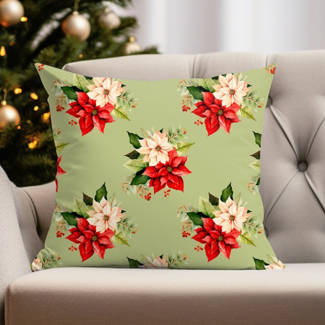 Christmas Botanical Elegance with Poinsettia Throw Pillow (poinsettia pillow perfect for christmas holiday decor)