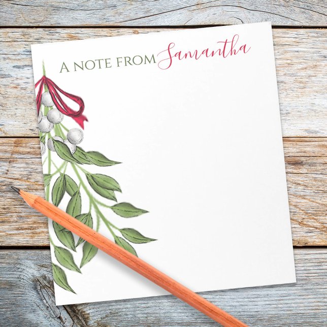 Christmas Botanical Elegant Holiday Merry Custom Notepad (Merry Mistletoe greenery and red ribbon notepad)