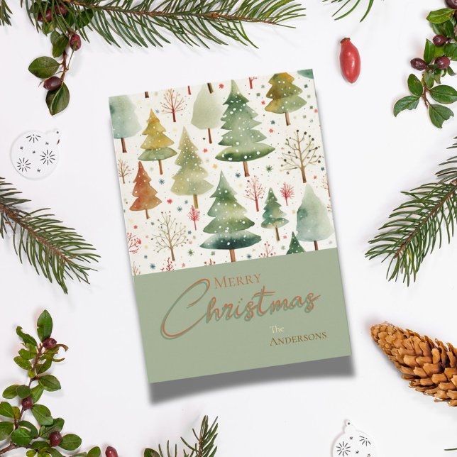 Christmas Botanical Green Brown Watercolor Trees Holiday Card (Creator Uploaded)