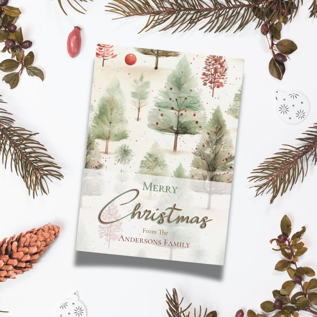 Christmas Botanical Green Pine Trees Red Ornaments Holiday Card (Creator Uploaded)