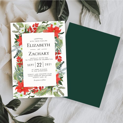 Christmas Botanical Green Red Winter Wedding Invitation