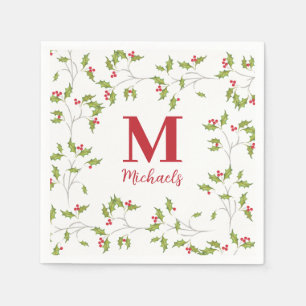 Christmas Botanical Holiday Holly Berries Monogram Napkins