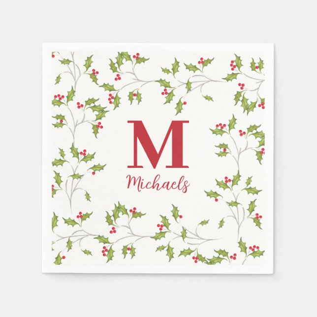 Christmas Botanical Holiday Holly Berries Monogram Napkins (Front)