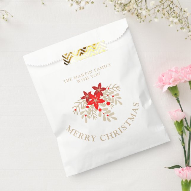 Christmas Botanical Holly Branches and Poinsettias Favor Bag (Sealed)