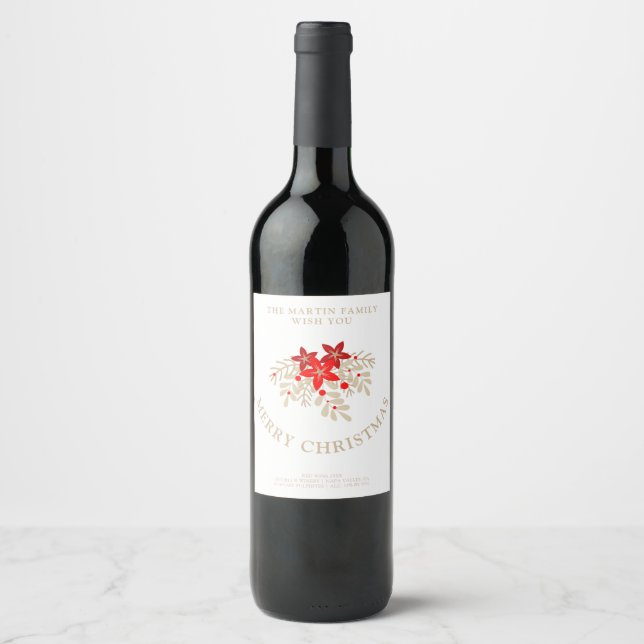 Christmas Botanical Holly Branches and Poinsettias Wine Label (Front)