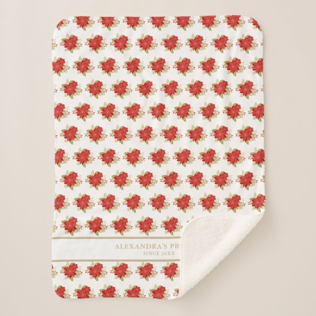 Christmas Botanical Holly Branches Poinsettias Sherpa Blanket (Front)