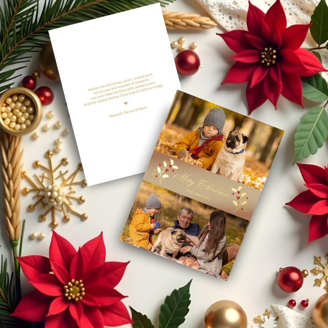 Christmas Botanical Holly Branches Themed Photo Foil Holiday Card (Christmas Botanical Holly Branches Themed Photo Script Metallic Foil Holidays Card with Envelope. )