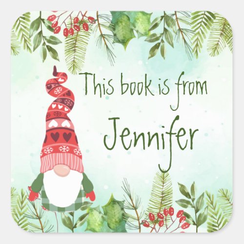 Christmas Botanical Holly Gnome Bookplate Gift Tag