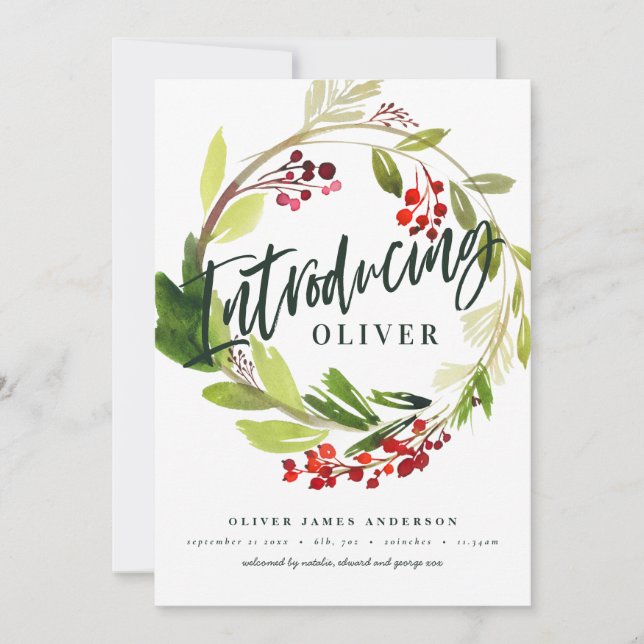 Christmas botanical introducing birth announcement (Front)