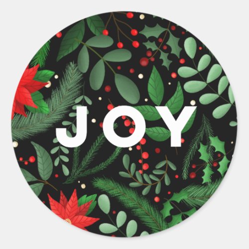 Christmas Botanical Joy on Black Holiday Classic Round Sticker