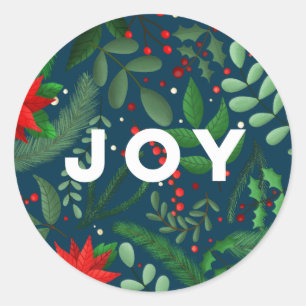 Christmas Botanical Joy (on Blue) Holiday Classic Round Sticker