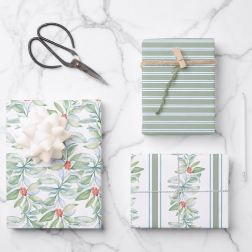 Christmas Botanical Leaves and Berries Watercolor  Wrapping Paper Sheets