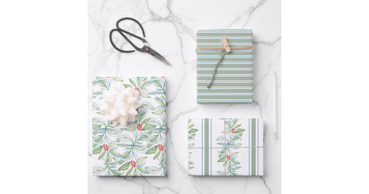 Christmas Botanical Leaves and Berries Watercolor Wrapping Paper Sheets ...