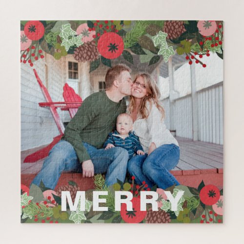 Christmas Botanical Merry Type Holiday Photo Jigsaw Puzzle