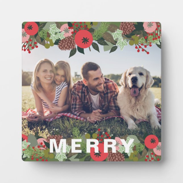 Christmas Botanical Merry Type Holiday Photo Plaque (Front)