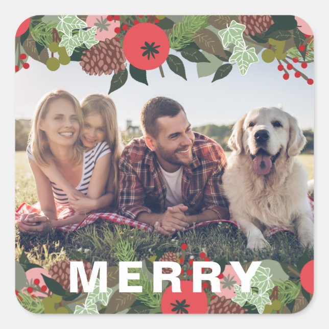 Christmas Botanical Merry Type Holilday Photo Square Sticker (Front)