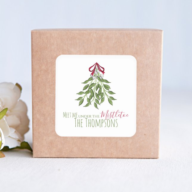 Christmas Botanical Mistletoe Elegant Greenery  Square Sticker (Christmas holiday merry mistletoe simple square sticker.)