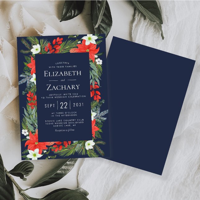 Christmas Botanical Navy Blue Winter Wedding Invitation (Creator Uploaded)