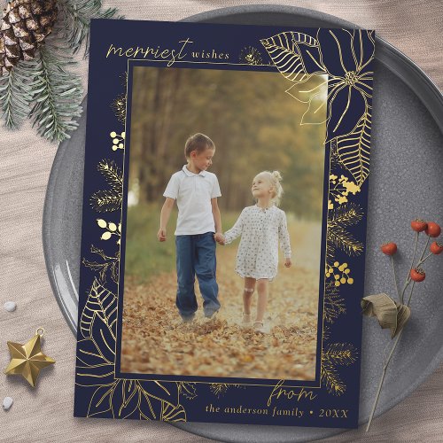 Christmas Botanical  Photo Navy Blue and Gold Foil Holiday Card