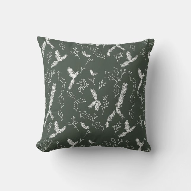 Christmas Botanical Pine Berry Green Throw Pillow (Front)