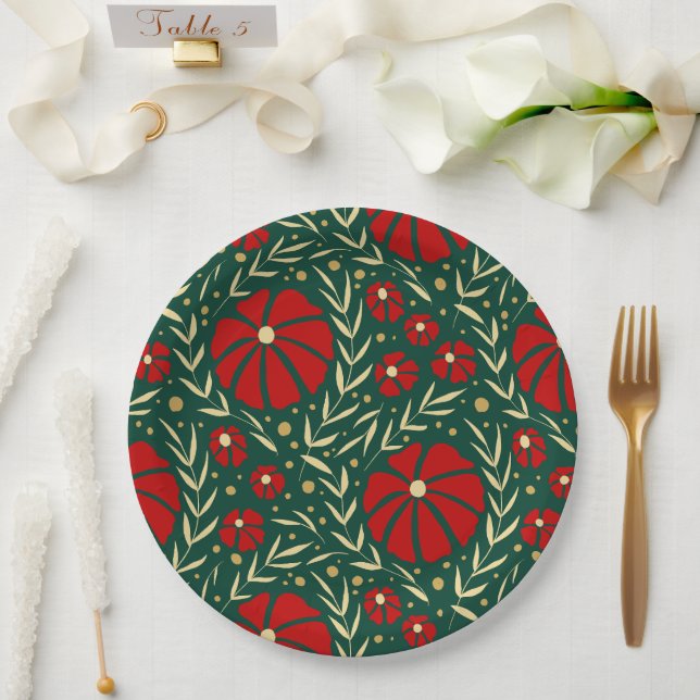 Christmas Botanical Red and Green Florals Paper Plates (Wedding)