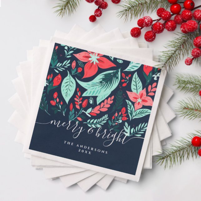 Christmas Botanical Red Floral Blue Holiday Party Napkins (Creator Uploaded)