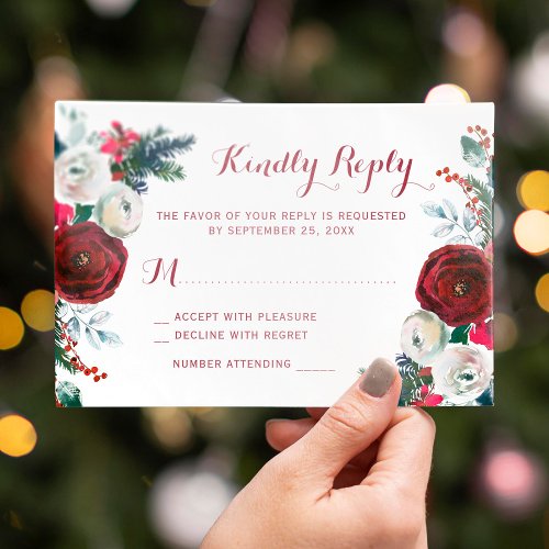 Christmas botanical red floral wedding RSVP card