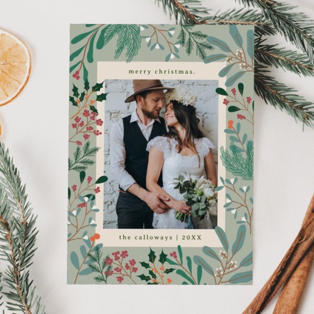 Christmas Botanical Sage Photo Holiday Card (Creator Uploaded)