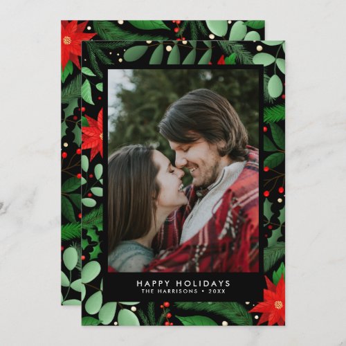 Christmas Botanical Single Photo on Black Holiday Card