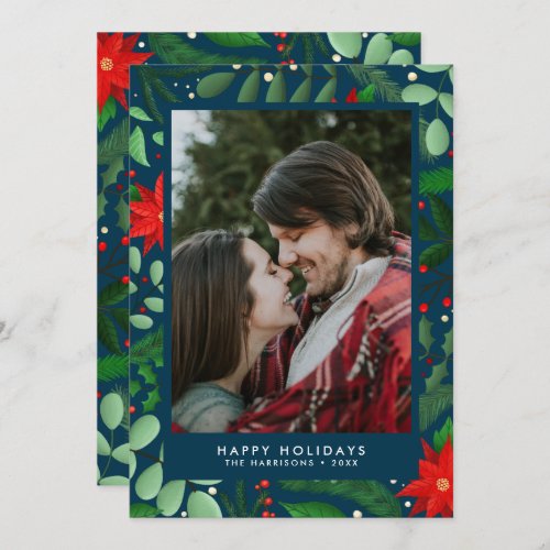Christmas Botanical Single Photo on Blue Holiday Card