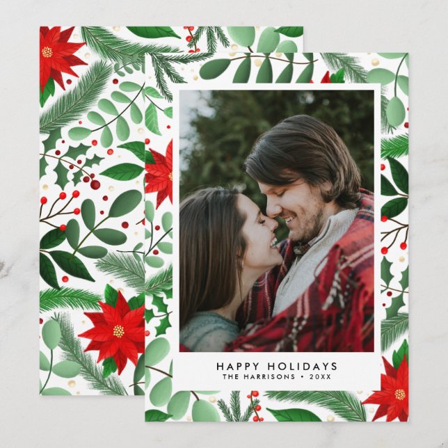 Christmas Botanical Single Photo (on White) Holiday Card (Front/Back)
