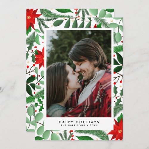 Christmas Botanical Single Photo on White Holiday Card