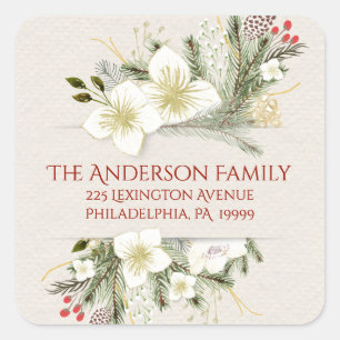 Christmas Botanical Watercolor Return Address Square Sticker