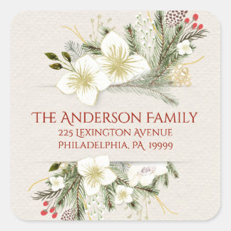 Christmas Botanical Watercolor Return Address Square Sticker