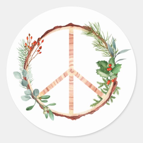 Christmas Botanical Wooden Peace Sign  Classic Round Sticker