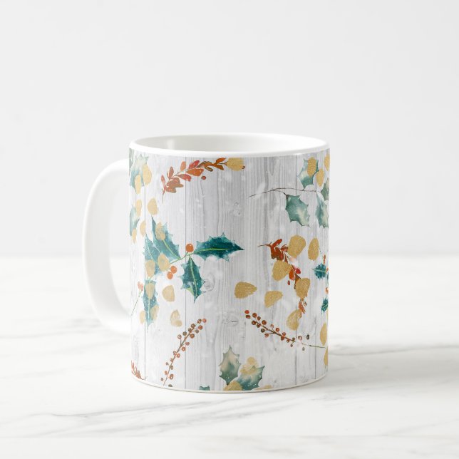 Christmas Botanical Wooden Planks Coffee Mug (Front Left)