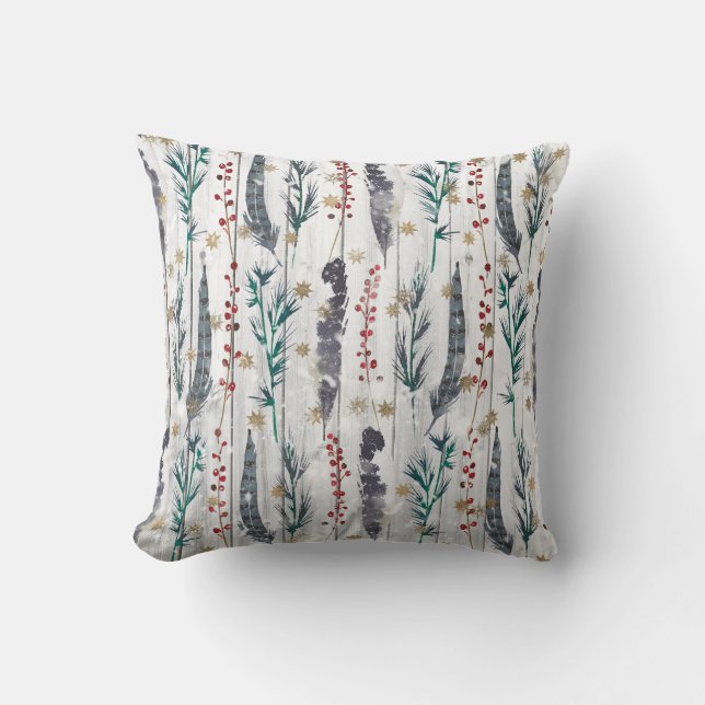Christmas Botanical Wooden Planks Throw Pillow (Front)