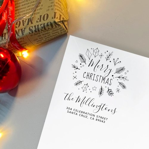 Christmas Botanical Wreath Name Return Address Rubber Stamp