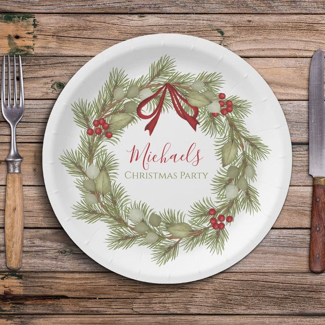 Christmas Botanical Wreath Red Holly Berries Leaf Paper Plates (Simple Wreath design holiday paper plate with an elegant calligraphy script.)