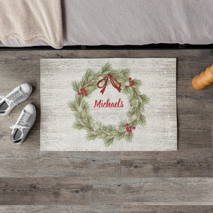 Christmas Botanical Wreath Red Holly Monogram Doormat