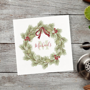 Christmas Botanical Wreath Red Holly Monogram Napkins