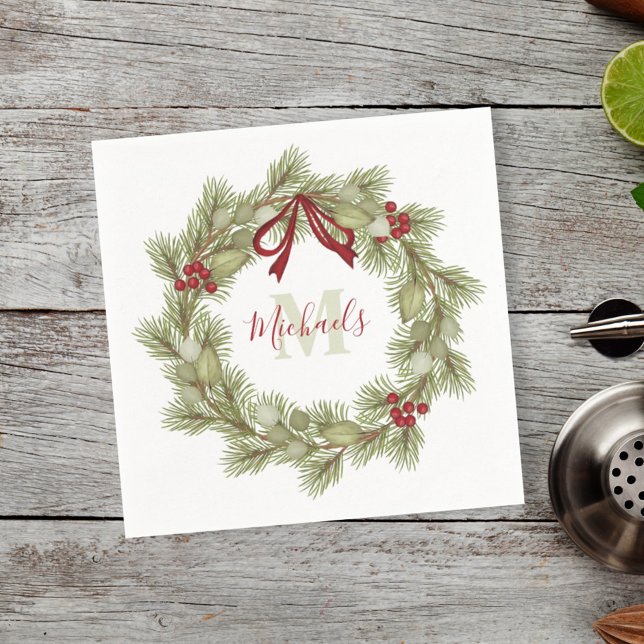 Christmas Botanical Wreath Red Holly Monogram Napkins (Creator Uploaded)