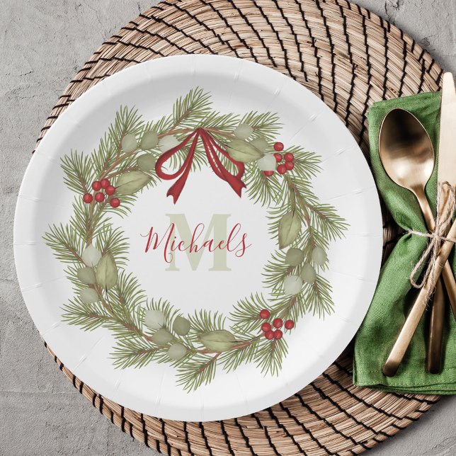 Christmas Botanical Wreath Red Holly Monogram Paper Plates (Simple Wreath design holiday paper plate with an elegant calligraphy monogram and name.)