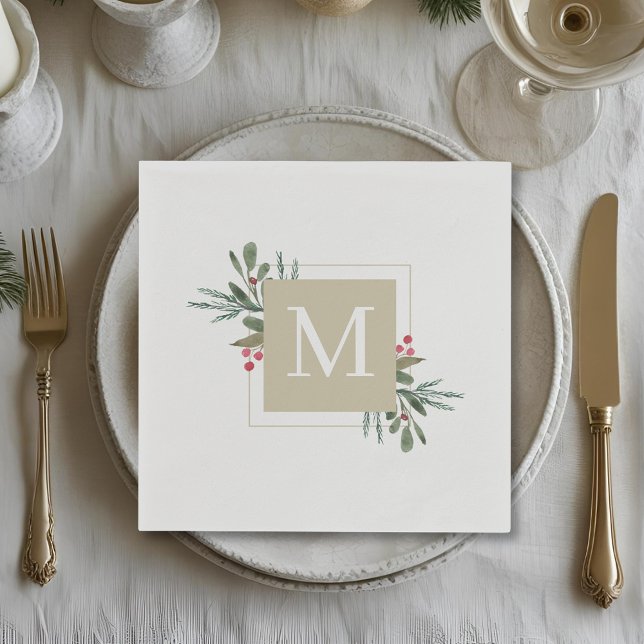 Christmas Botanicals Family Initial Holiday Party Napkins (Creator Uploaded)