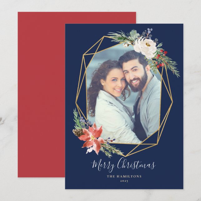 Christmas Botanicals Geometric Blue Photo Holiday Card (Front/Back)