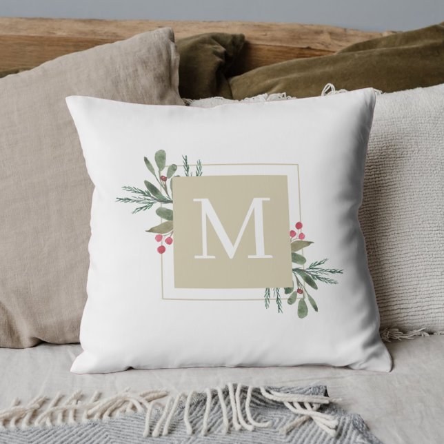Christmas Botanicals Monogram Throw Pillow (Creator Uploaded)