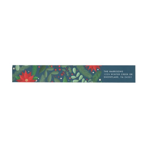 Christmas Botanicals on Blue Return Address Wrap Around Label