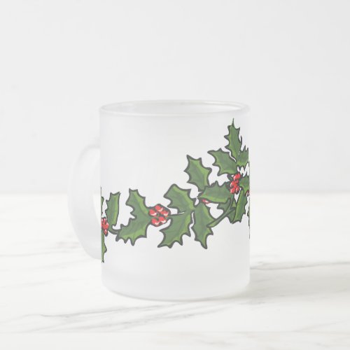 Christmas Boughs of Holly Red Green White Frosted Glass Coffee Mug