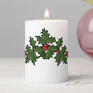 Christmas Boughs of Holly Red Green White Pillar Candle