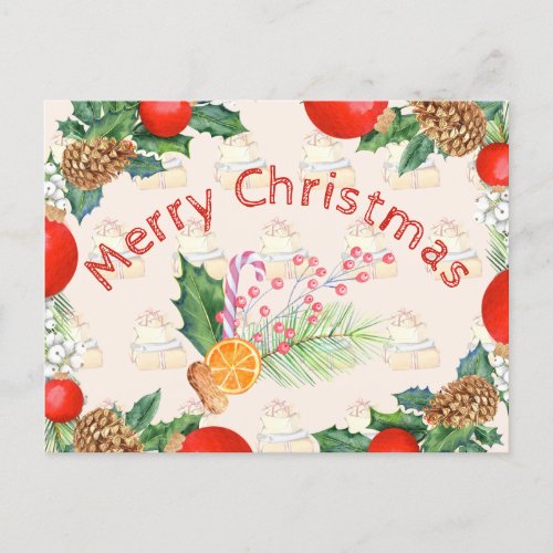 Christmas Bouquet Burnt Orange Candy Barry Wreath Holiday Postcard